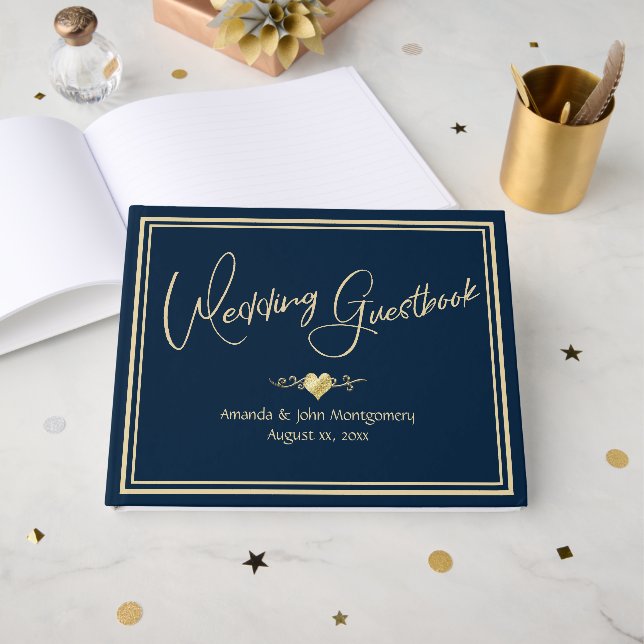 Livro De Visitas Navy and Gold Elegant Wedding (Frente aberta)
