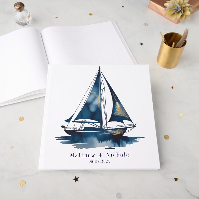 Livro De Visitas Navy and Gold Nautical Boat Gold Frame Wedding (Frente aberta)