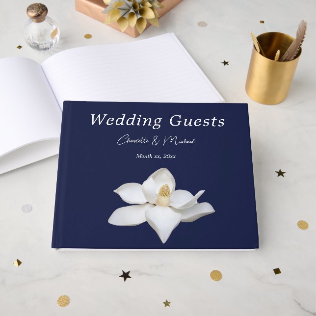 Livro De Visitas Navy and White Magnolia Elegant Wedding (Frente aberta)