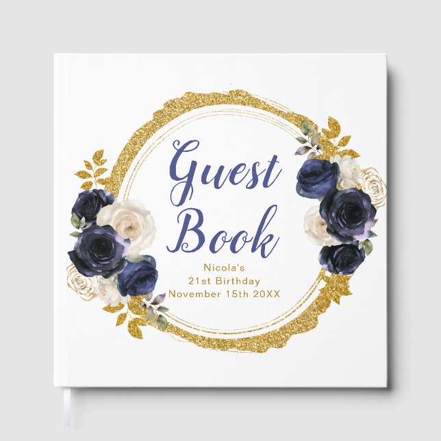 Livro De Visitas Navy Blue and Gold Elegant Flowers Birthday Party (Frente)