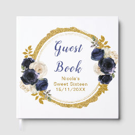 Livro De Visitas Navy Blue and Gold Elegant Flowers Sweet Sixteen