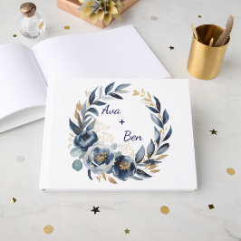 Livro De Visitas Navy Blue and Gold Peony Flower Wedding
