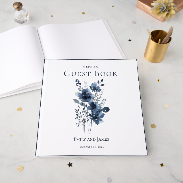 Livro De Visitas Navy Blue Botanical Wedding (Frente aberta)