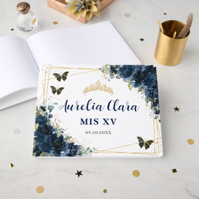 Livro De Visitas Navy Blue Floral Butterflies Gold Quinceanera 15 (Frente aberta)