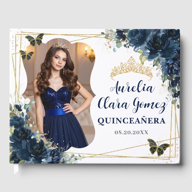 Livro De Visitas Navy Blue Floral Butterflies QUINCEAÑERA  16 Photo (Frente)