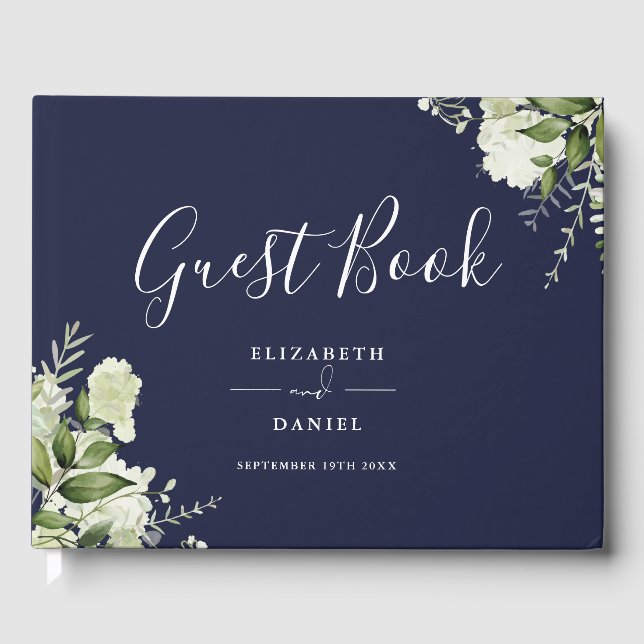 Livro De Visitas Navy Blue Greenery Floral Photo Wedding (Frente)