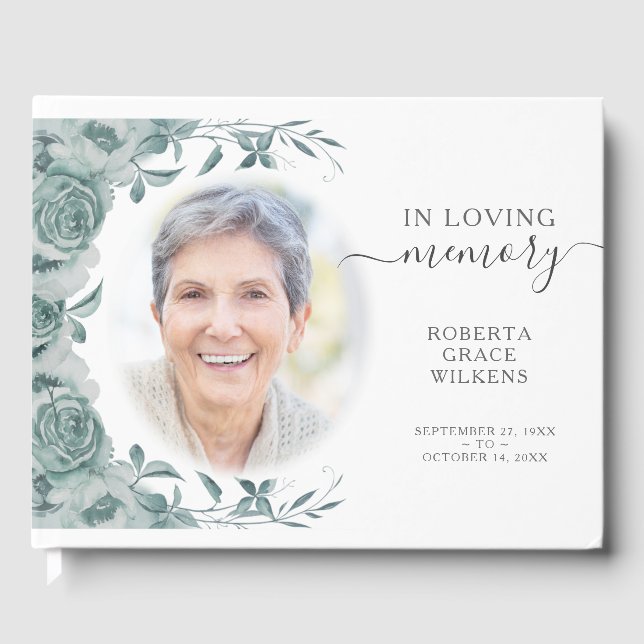 Livro De Visitas No Loving Memory Floral Green Script Photo (Frente)