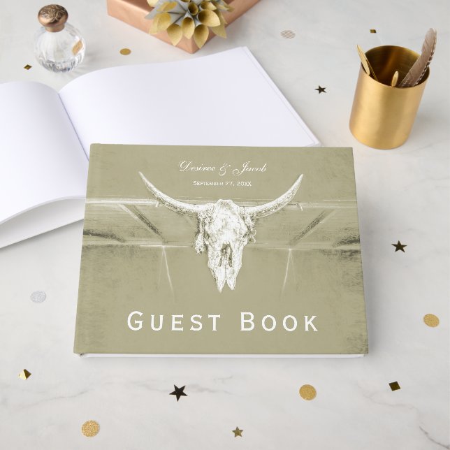 Livro De Visitas Noiva Crânio de Vaca Verde Sage Rústico Ocidental (Frente aberta)