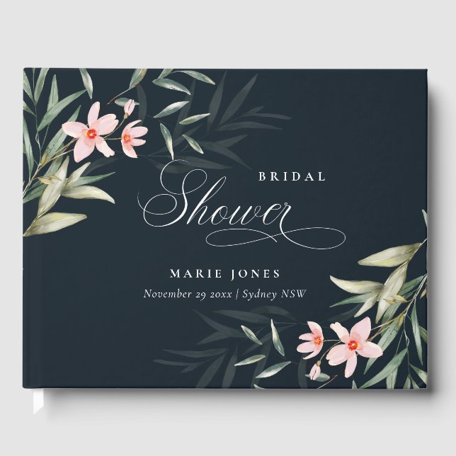 Livro De Visitas Noiva Dark Navy Blush Greenery Flora Bunch Shower (Frente)