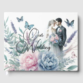 Livro De Visitas Noiva e noiva com peônias, Lavanda