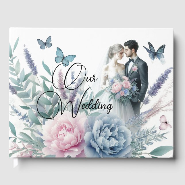 Livro De Visitas Noiva e noiva com peônias, Lavanda (Frente)