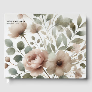 Livro De Visitas Noiva Floral em Aquarela com Tons de Oliva empoeir