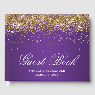 Livro De Visitas Noiva Ombre Roxo Real com Glitter Dourado Falso Ca