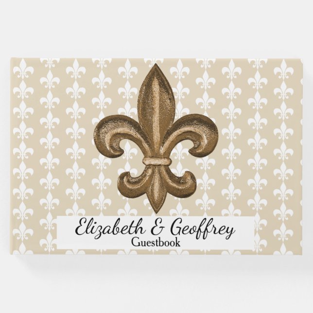 Livro De Visitas Nola Dourada e White French Fleur De Lis Weding (Frente)
