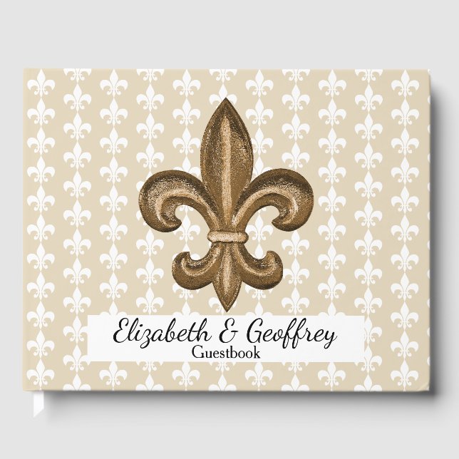 Livro De Visitas Nola Dourada e White French Fleur De Lis Weding (Frente)