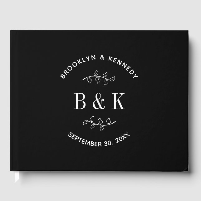 Livro De Visitas Nome de casal monograma floral botânico preto e br (Frente)