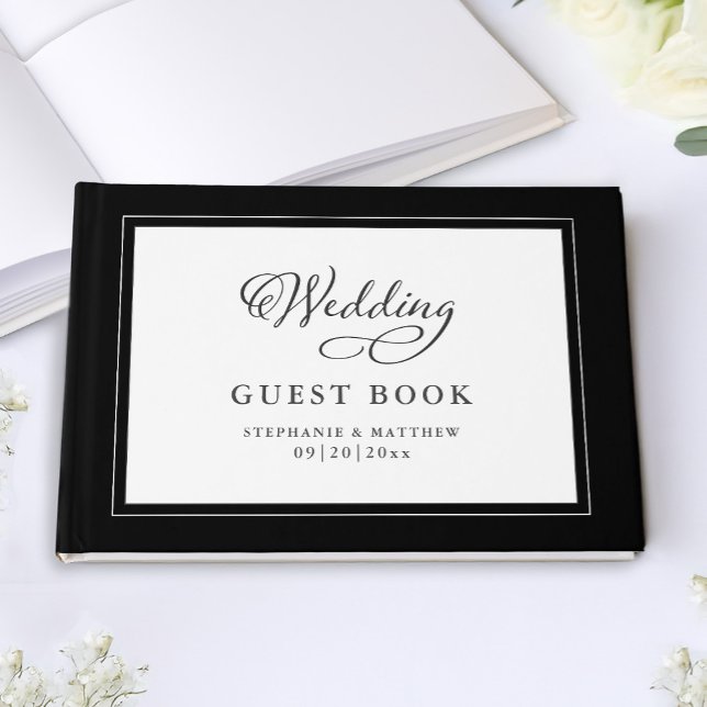 Livro De Visitas Nomes Modernos em Script Elegante Casamento Preto  (Elegant Script Modern Names Wedding Black & White Guest Book)