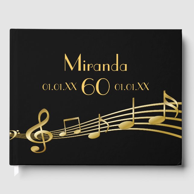 Livro De Visitas Notas de música de ouro da festa de aniversário 60 (Frente)