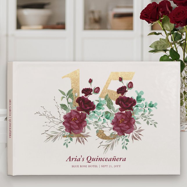 Livro De Visitas Número Dourado 15 Rosas Reais Burgundy Quinceanera (Elegant Floral Number 15 Birthday Guest Book from my Royal Rose Quinceanera Collection)
