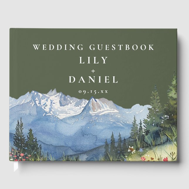 Livro De Visitas Olive Green Watercolor Mountain Wedding Photo (Frente)