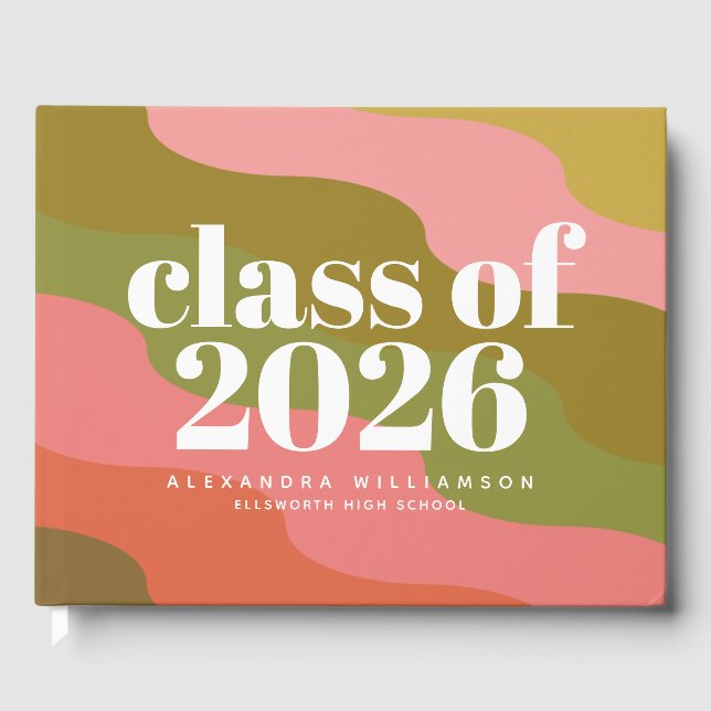 Livro De Visitas Onda Retro Verde Oliva Rosa Graduado da Turma de 2 (Frente)