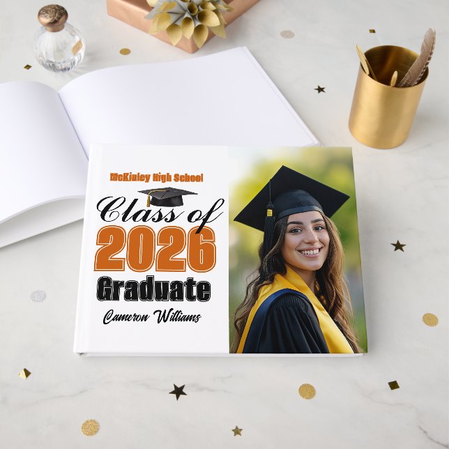 Livro De Visitas Orange Class of 2026 Graduation Photo (Frente aberta)