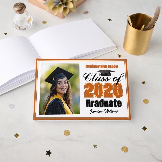 Livro De Visitas Orange Class of 2026 Photo Small Graduation (Frente aberta)