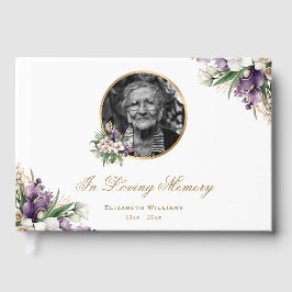 Livro De Visitas Ouro Branco Floral Roxo Foto Funeral Memorial