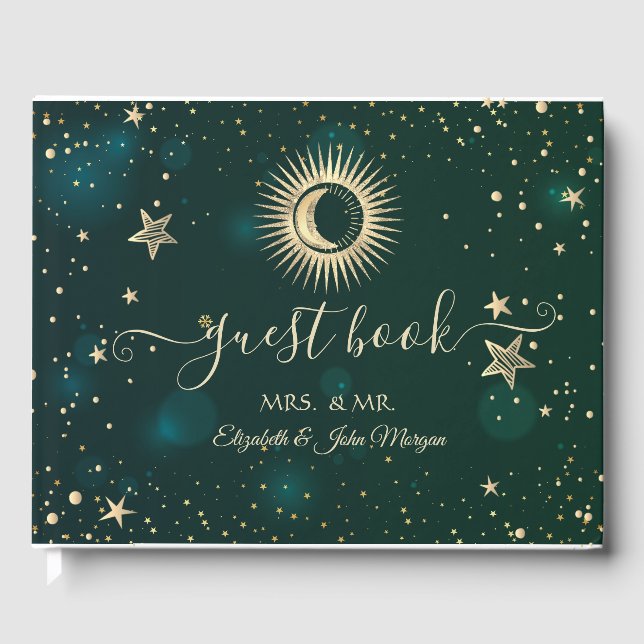 Livro De Visitas Ouro Celestial Sol E Lua Estrelas Verde (Frente)