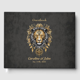 Livro De Visitas Ouro de cabeça de leão majestoso com homem negro.