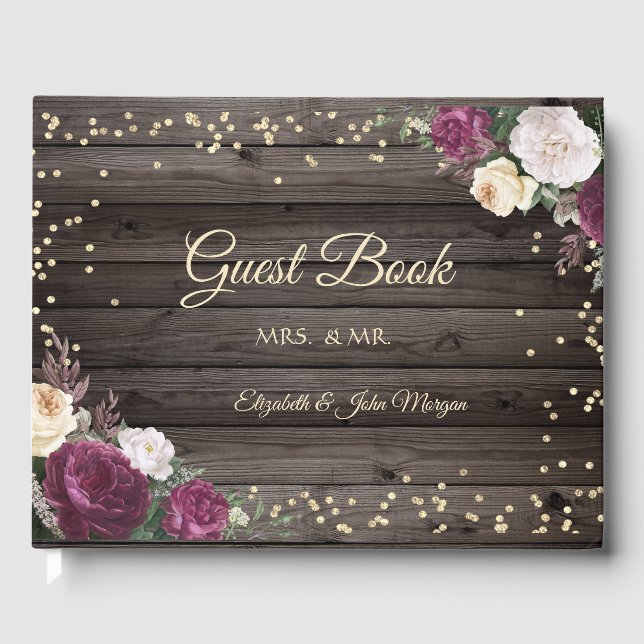 Livro De Visitas Ouro Diamantes Borgonha Flores Madeira (Frente)