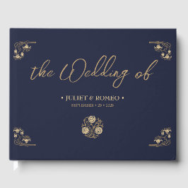 Livro De Visitas Ouro elegante Deco e azul caligrafia, casamento
