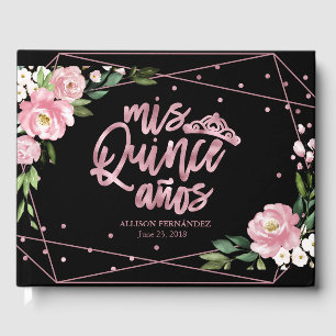 Livro De Visitas Ouro Rosa Folha Rosa Preto Floral Quinceanera