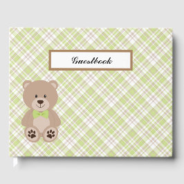 LIVRO DE VISITAS PADRÃO BRANCO DE XADREZ VERDE TAN COM URSO