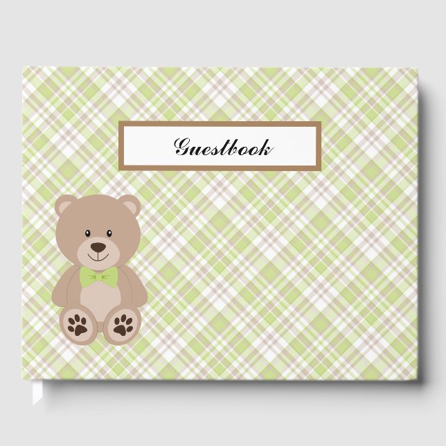 LIVRO DE VISITAS PADRÃO BRANCO DE XADREZ VERDE TAN COM URSO (Frente)