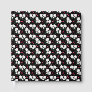 Livro De Visitas Padrão Floral Branco Elegante em Fundo Preto