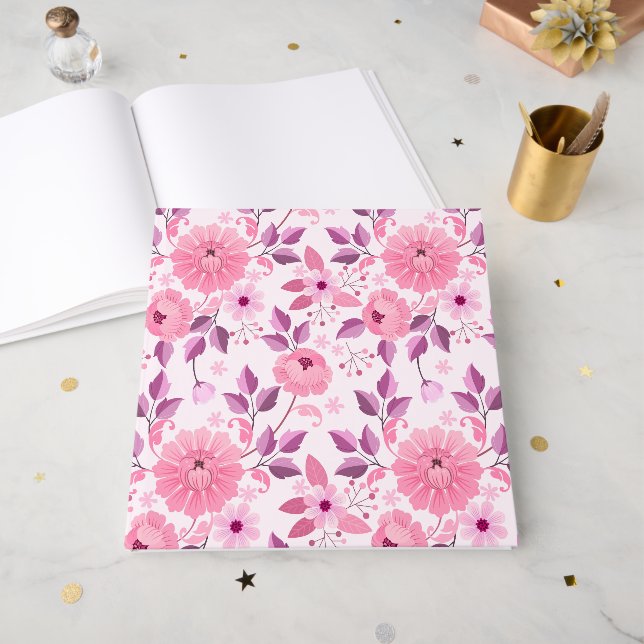 Livro De Visitas Padrão Floral Rosa com Flores Elegantes (Frente aberta)