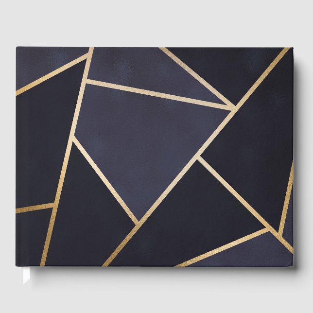 Livro De Visitas Padrão Geométrico Metálico Dourado Azul Elegante M (Frente)