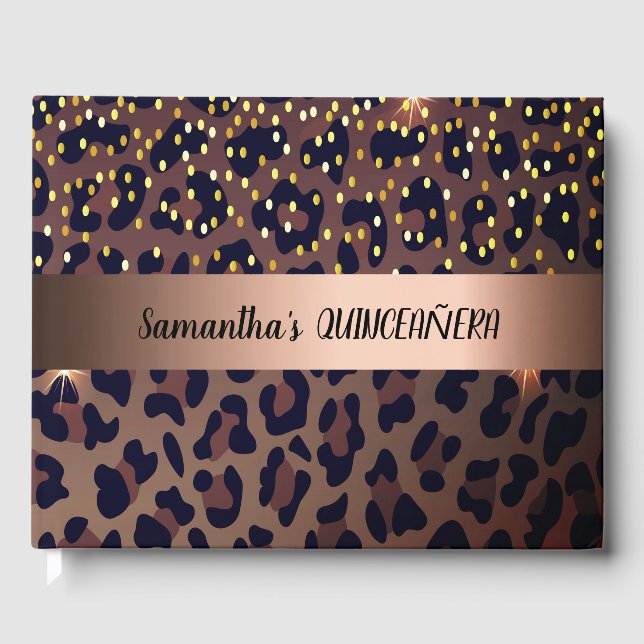 Livro De Visitas Padrão-leopardo-da-Quinceanera ouro-rosa (Frente)