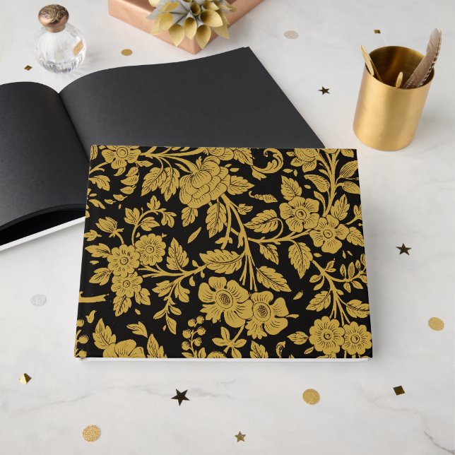 Livro De Visitas Padrão Preto Floral Ouro Antigo Trabalho de Lacage (Frente aberta)