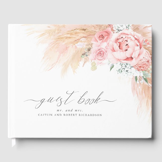 Livro De Visitas Pampas Grass Blush Pink Casado Guest Book (Frente)