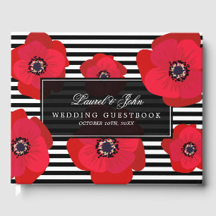 Livro De Visitas Papoilas & listras - pretas & casamento vermelho