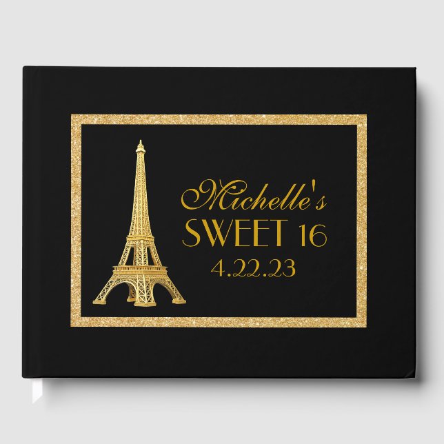 Livro De Visitas Paris Sweet 16 Dourado Glitter Custom Guest Book (Frente)