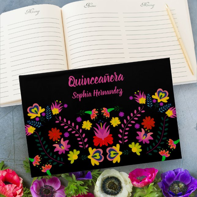 Livro De Visitas Partido Fiesta Mexicano - Quinceanera Floral Preto (Quinceanera Guest Book from my Mexican Fiesta Party Quinceanera Collection 
)