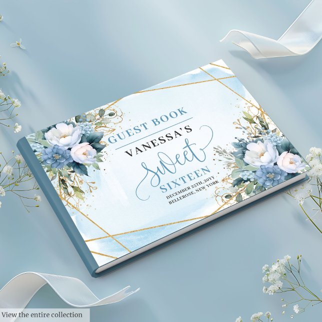 Livro De Visitas Pastel Azul-Branca, Espumante Espessante, Sweet Se (Sparkling Pastel Blue White Floral Sweet Sixteen Guest Book)