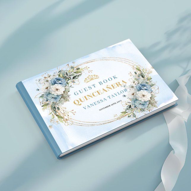 Livro De Visitas Pastel Blue Boho Quince with Gold Greenery guest  (Pastel Blue Boho Quince with Gold Greenery guest book)