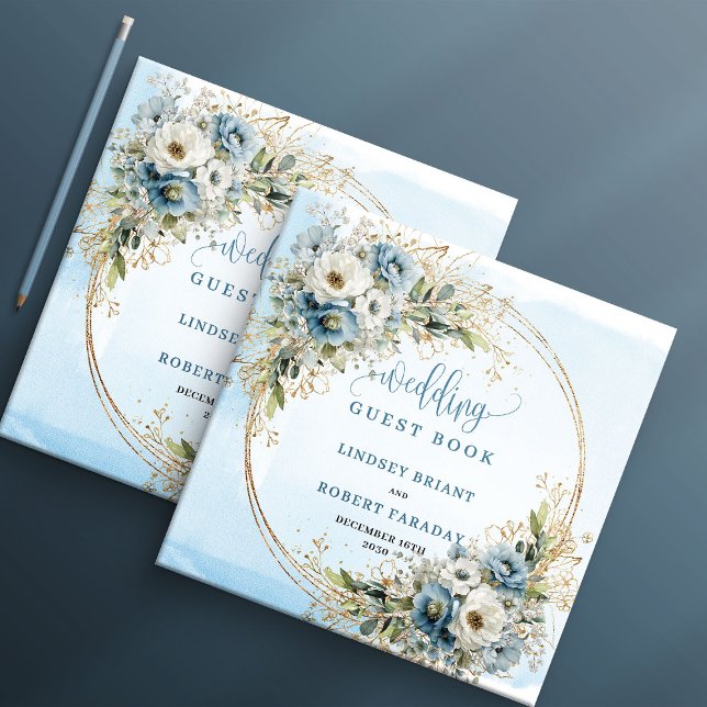 Livro De Visitas Pastel Blue Floral Greenery Gold Glitter Sign In (Pastel Blue Floral Greenery Gold Glitter Guest Book

)
