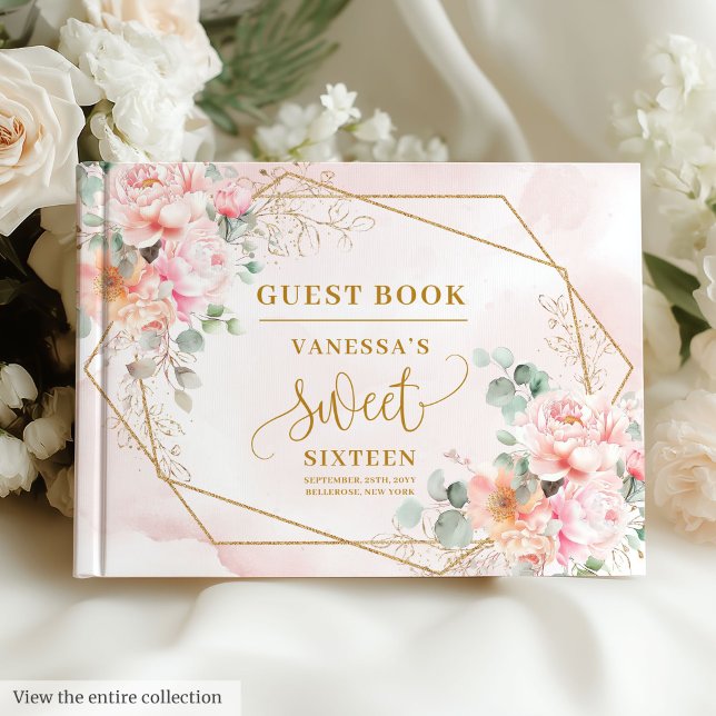 Livro De Visitas Pastel Dourado, , cor-de-rosa, 16 (Glamorous Pastel Pink Gold Floral Sweet Sixteen Guest Book)