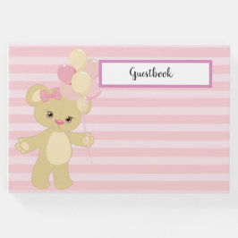 LIVRO DE VISITAS PASTEL PINK STRIPES COM TAN TEDDY BEAR E BALÕES