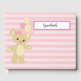 LIVRO DE VISITAS PASTEL PINK STRIPES COM TAN TEDDY BEAR E BALÕES